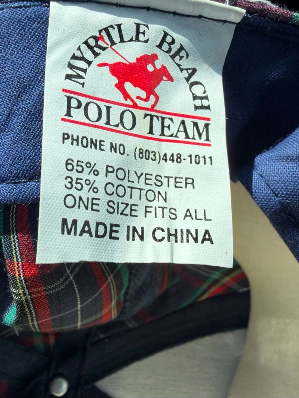 Navy Plaid Snapback Hat Myrtle Beach Polo Team